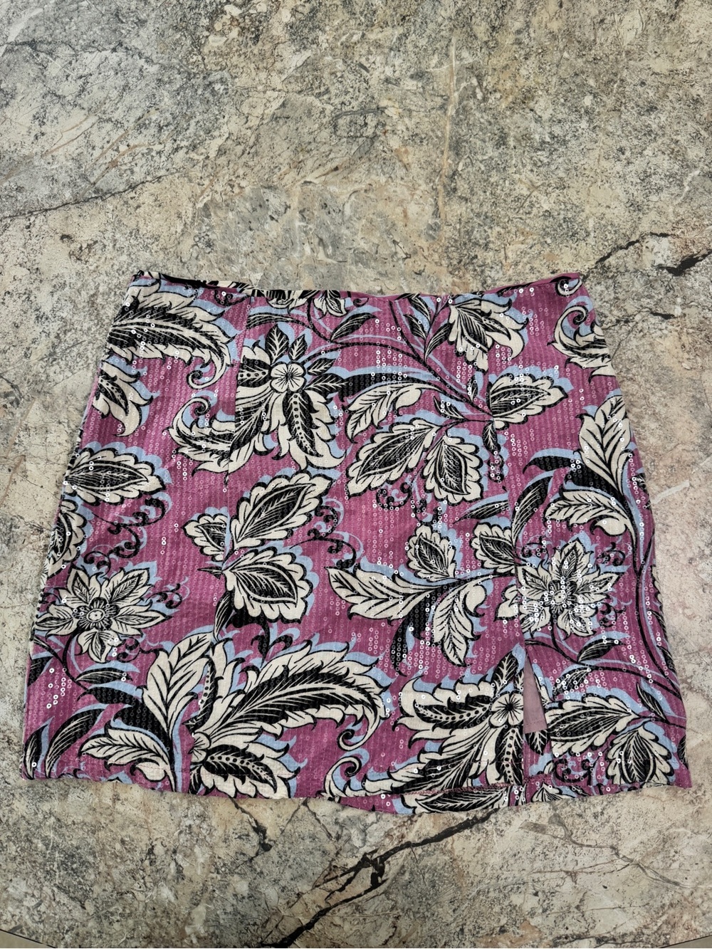 Sequin Pink Floral Mini Skirt with Black & Cream Leaf Print